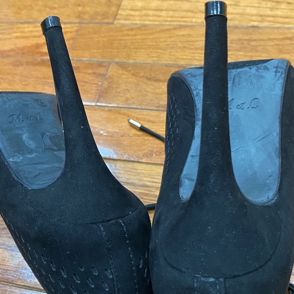 M&L black faux suede mid calf open toe booties. - Picture 7 of 15